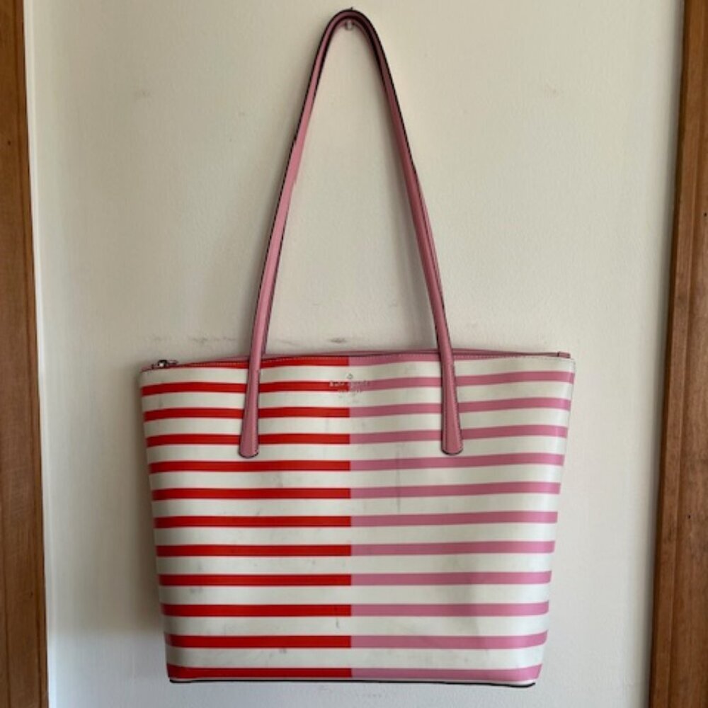KATE SPADE New York Zina Red Pink White Stripe Large Coated Canvas Tote …